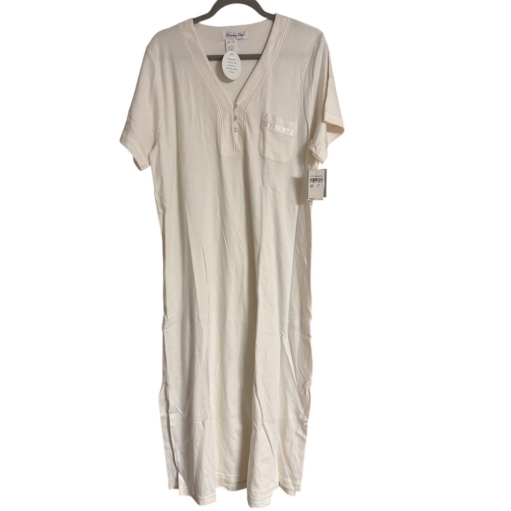 Christian Dior Vintage Pima Cotton Nightgown White Henley Logo Pocket Large NWT